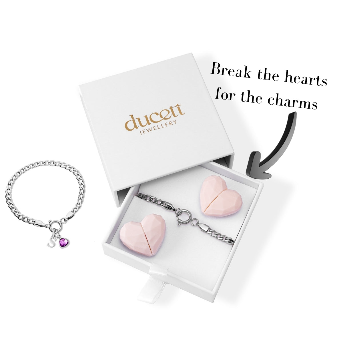 Letter & birthstone bracelet silver hearts - Personalized