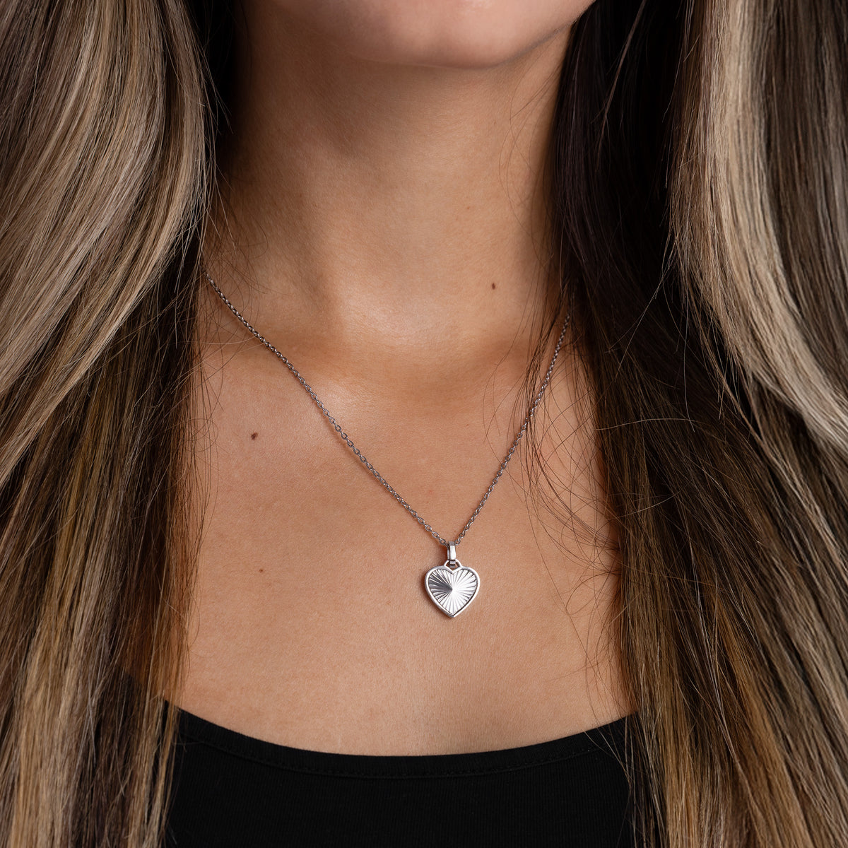 Sunray heart necklace silver - worn