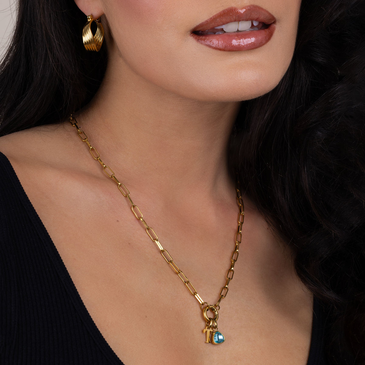 Letter & birthstone link chain gold - worn