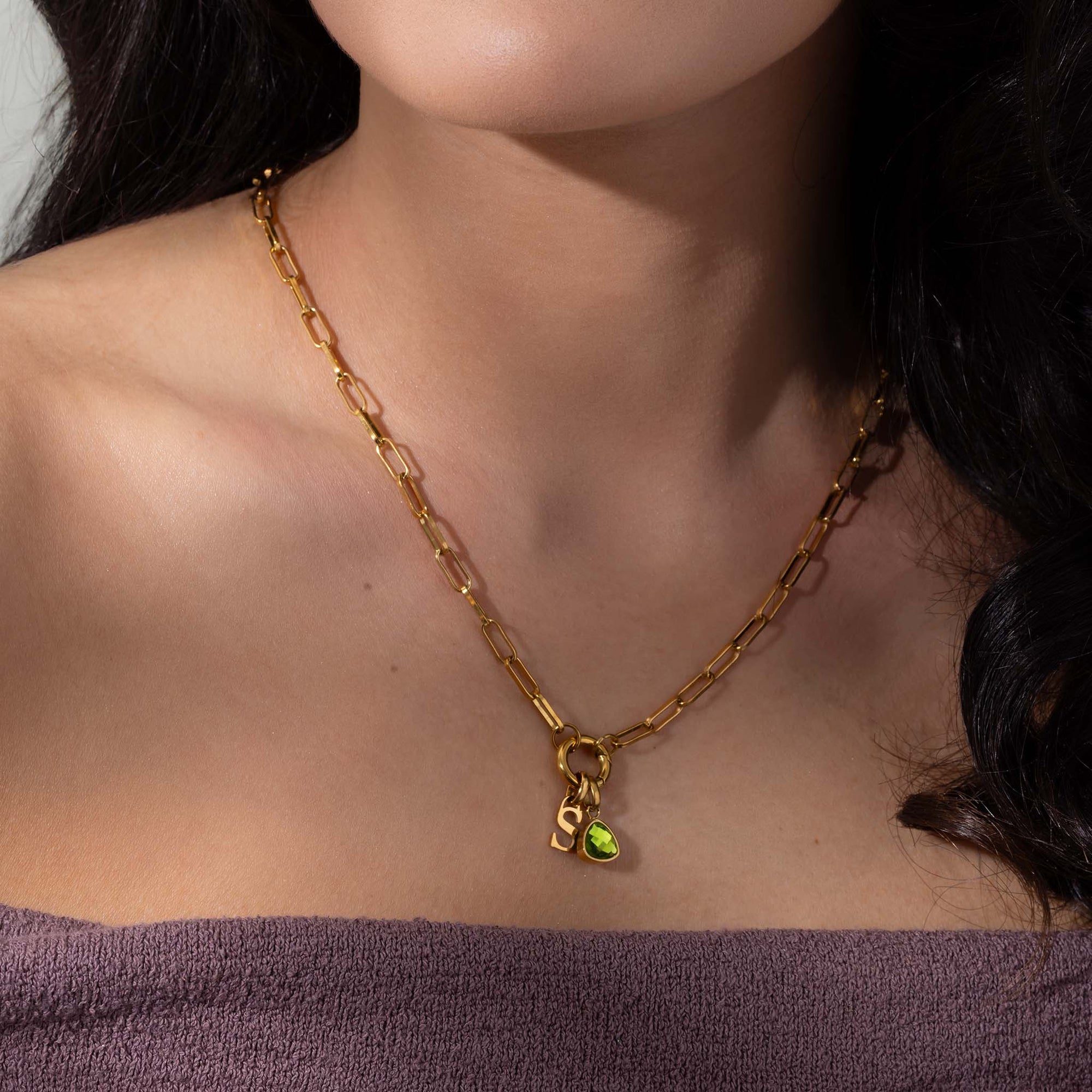 Letter &amp; birthstone link chain gold