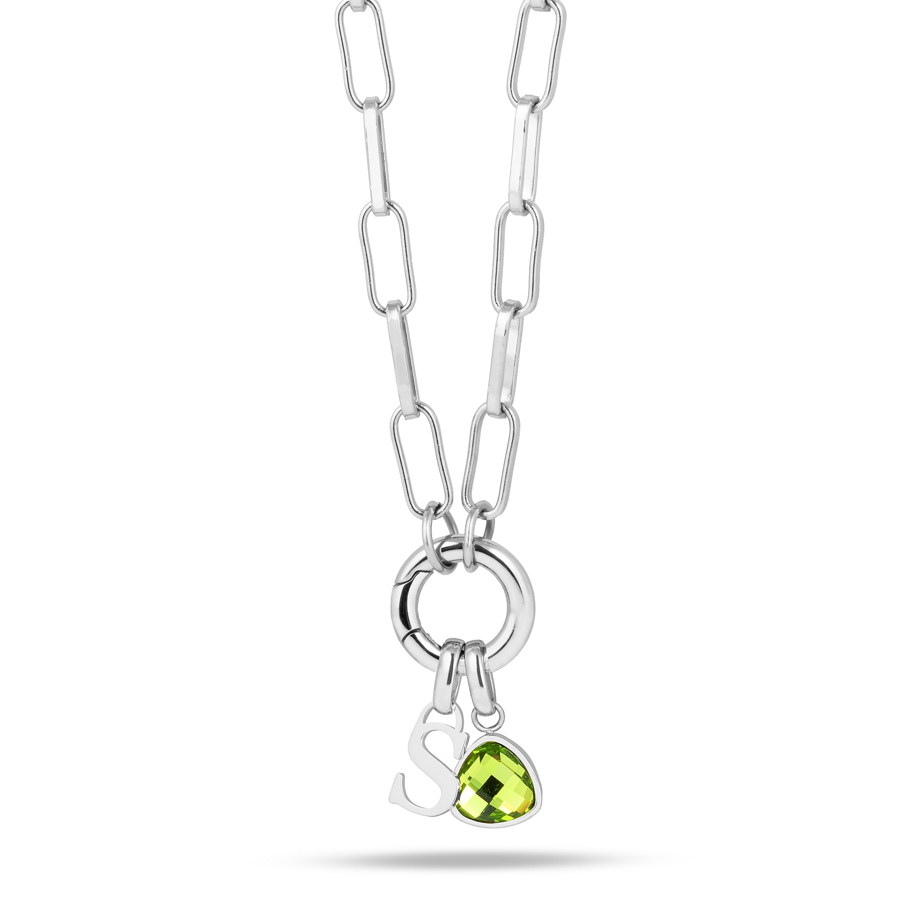 Letter &amp; birthstone link chain silver