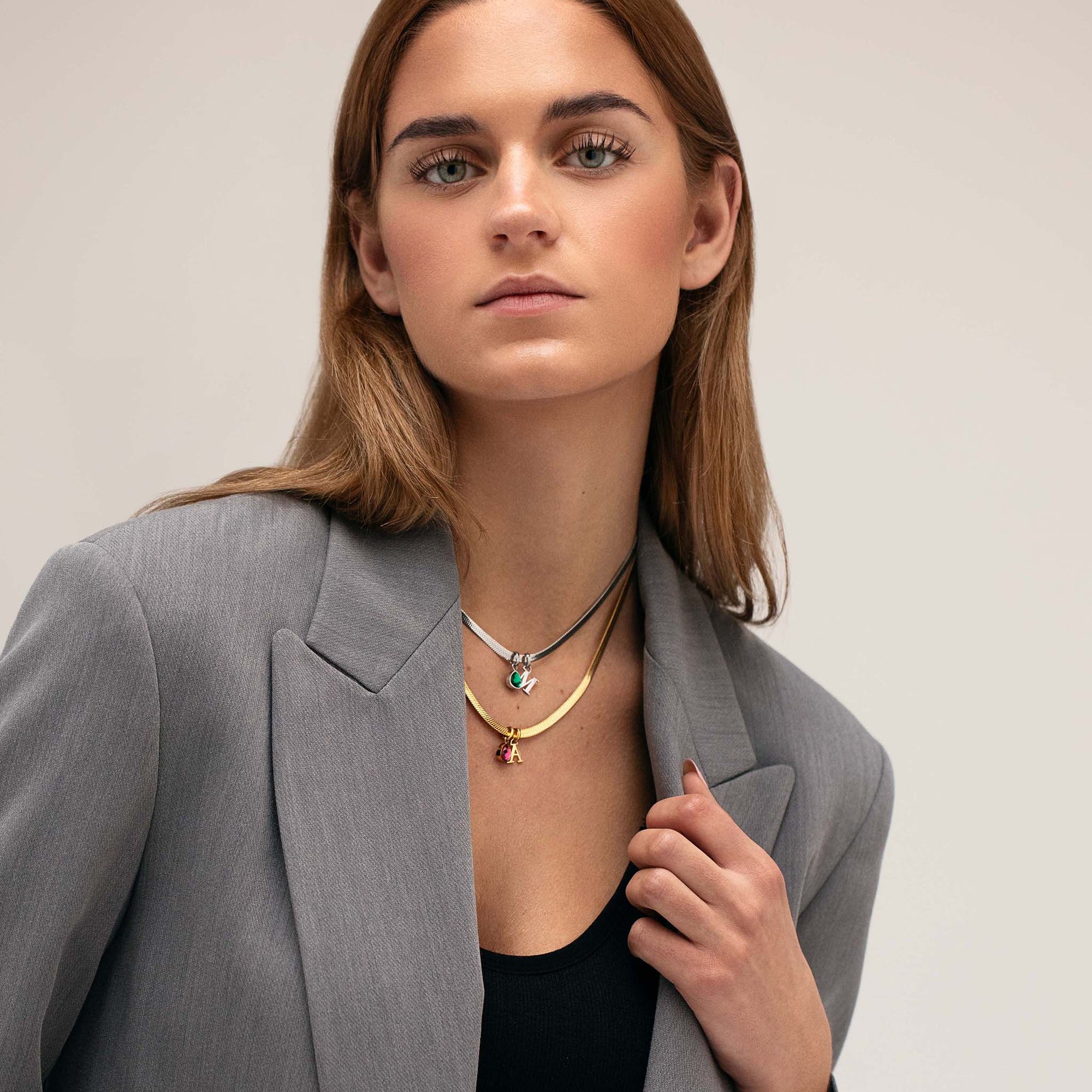 Letter & birthstone snake necklace - Stainless steel